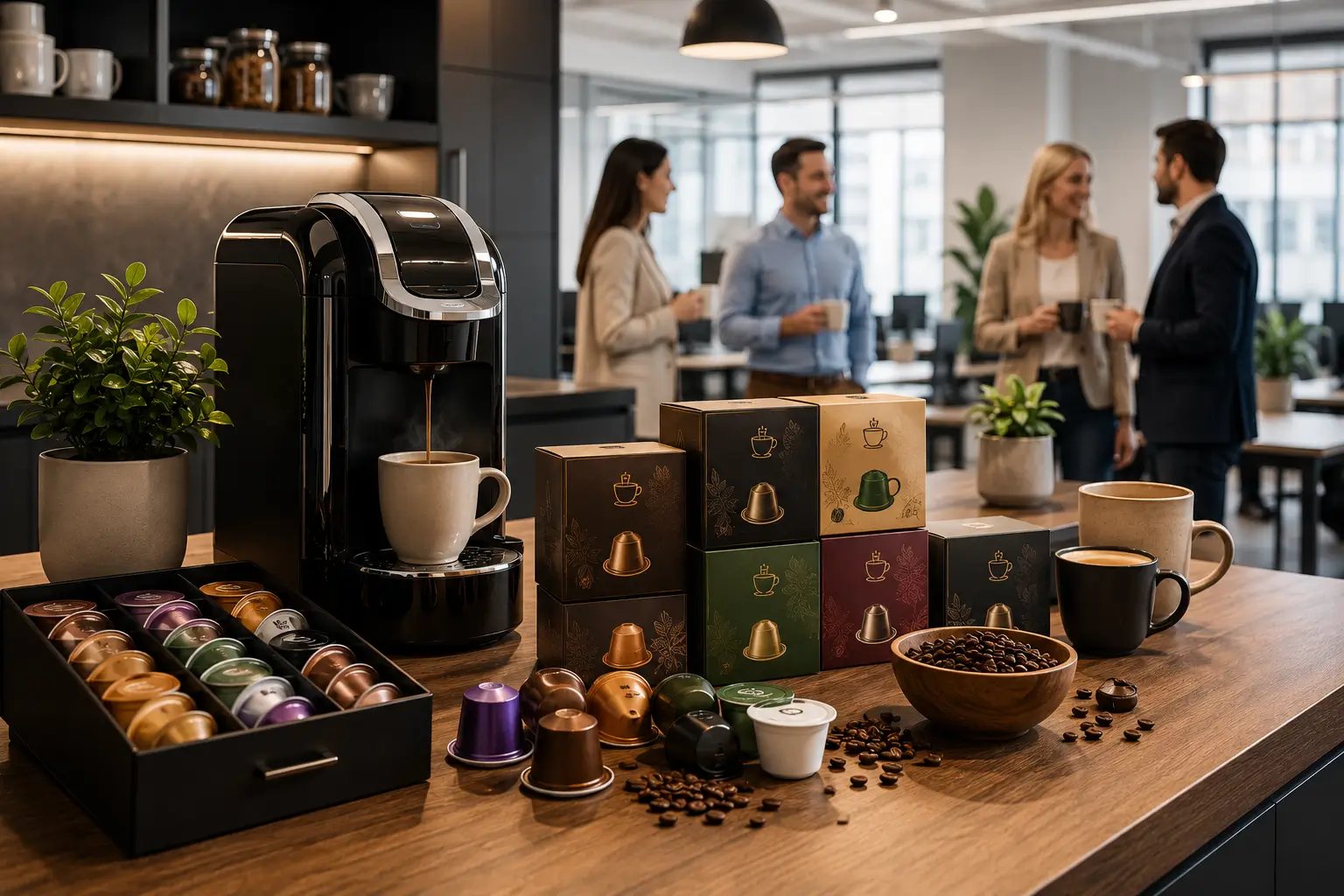 Coffee pods for offices with workplace coffee machine and employees