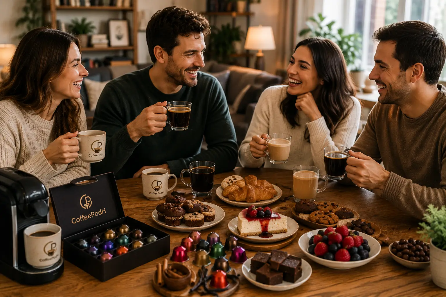Coffee pods with whole milk oat milk almond milk creamers and syrups