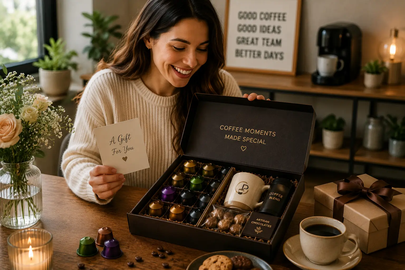 DIY coffee pod gift box with coffee pods mug chocolate and handwritten card