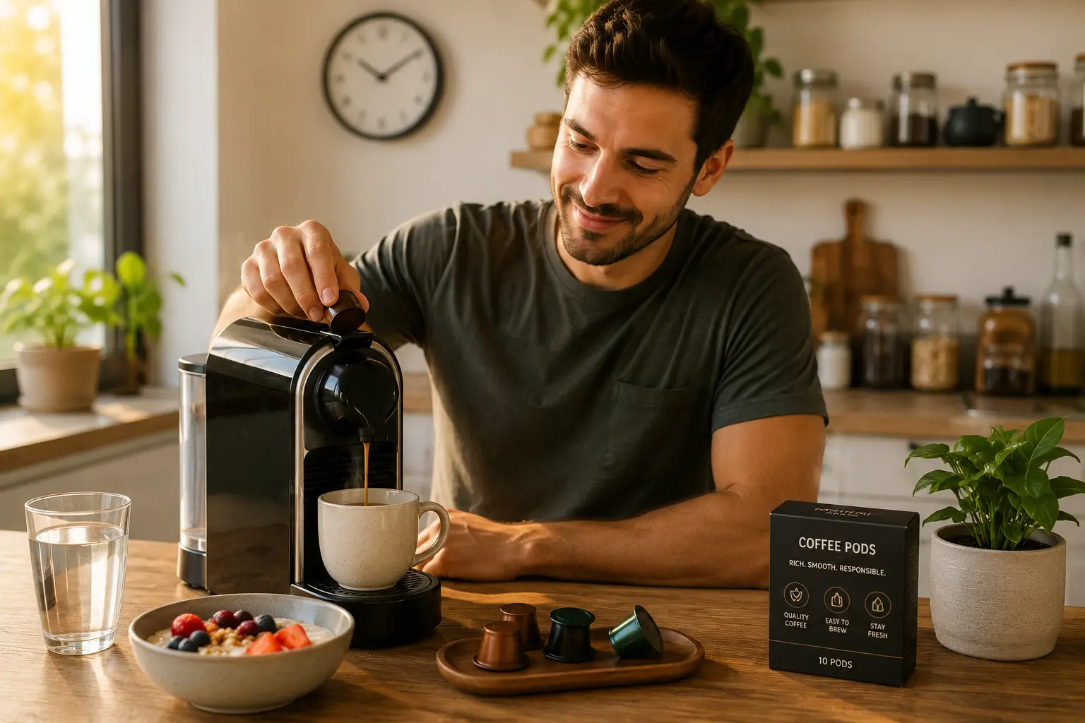 Daily coffee pod routine with coffee machine coffee pods water and morning coffee