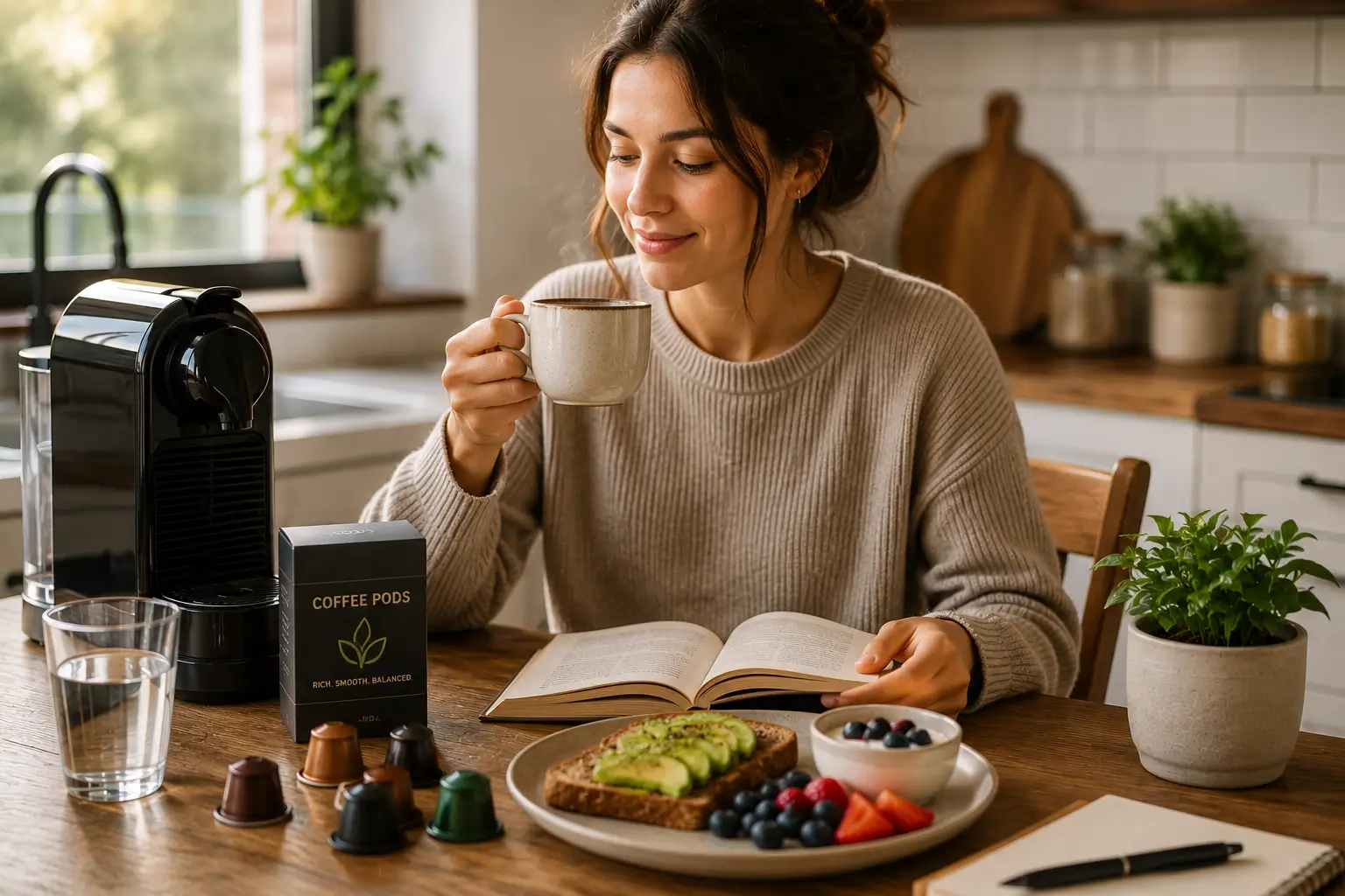 Daily coffee pod routine with pod machine and morning coffee