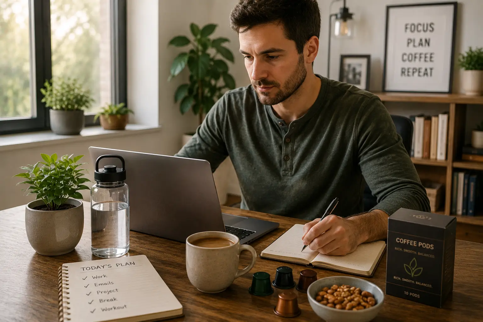 Daily pod coffee effects with alertness timing and routine