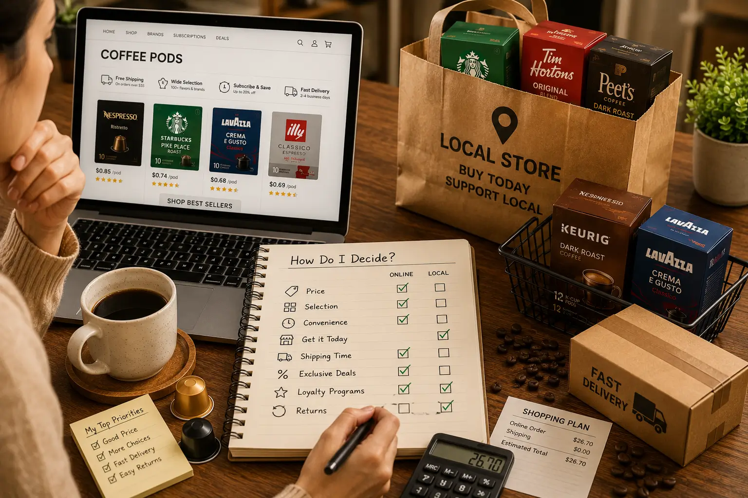 Deciding between buying coffee pods online and shopping locally with checklist and coffee cup
