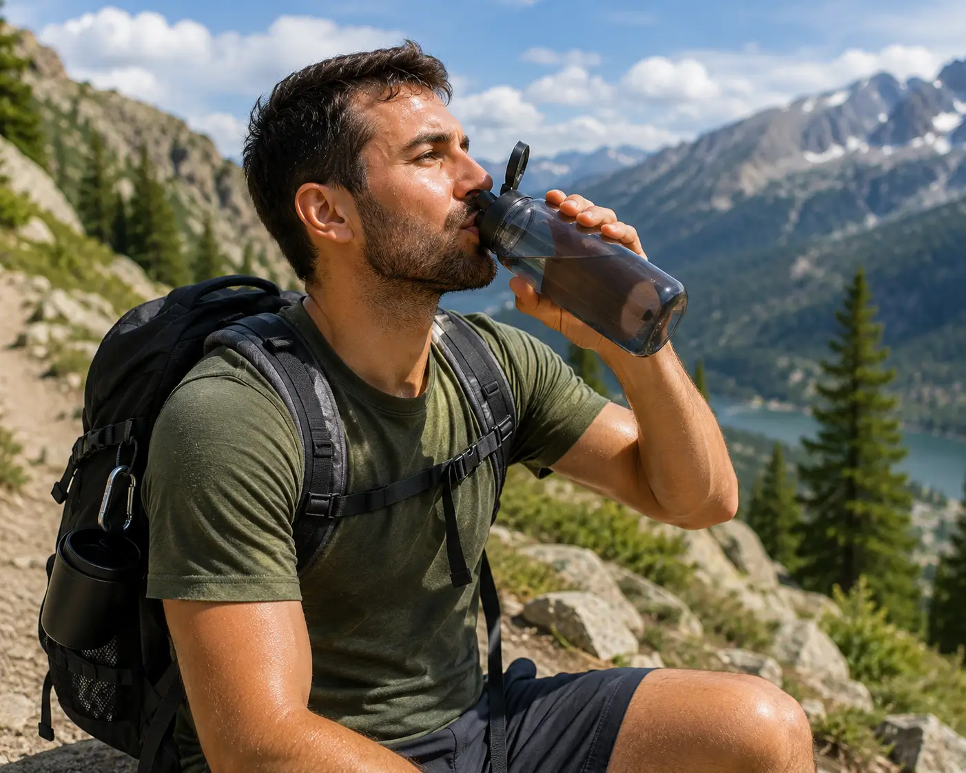 Dehydration signs with water bottle and person feeling thirsty