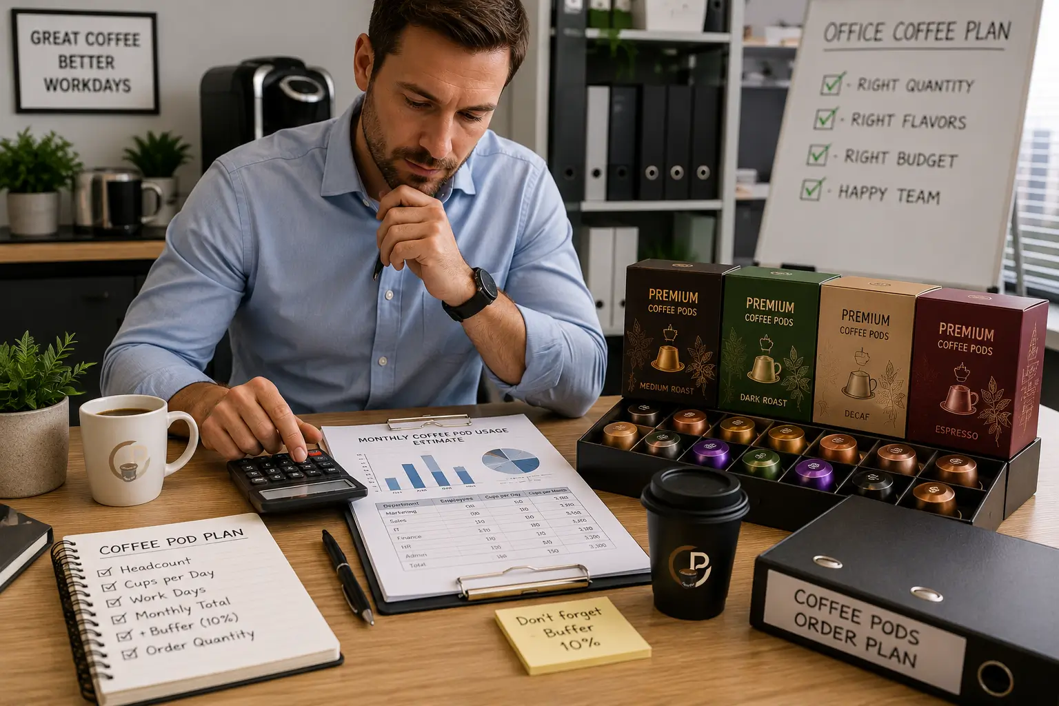 Estimating office coffee pod usage with calculator and employee count