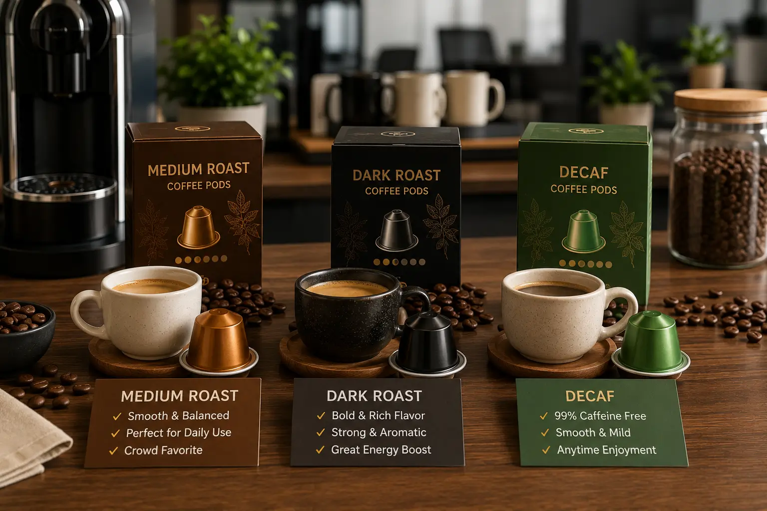 Medium roast dark roast and decaf coffee pods for offices