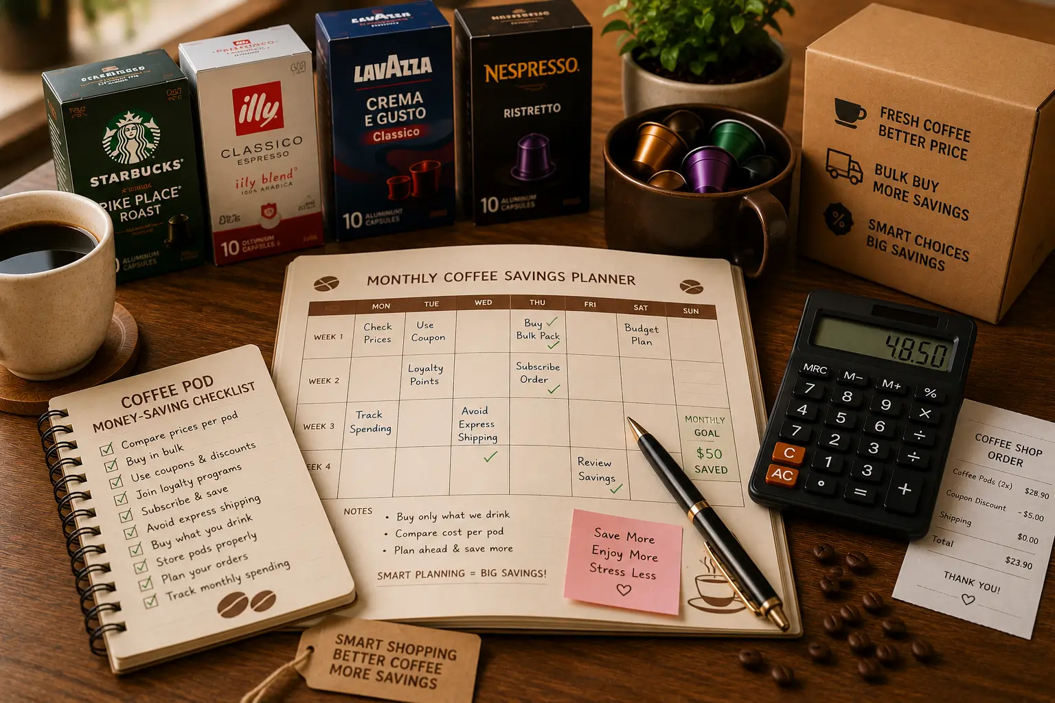 Monthly Coffee Savings Planner & Coffee Pod Money-Saving Checklist Monthly coffee savings planner and coffee pod shopping checklist