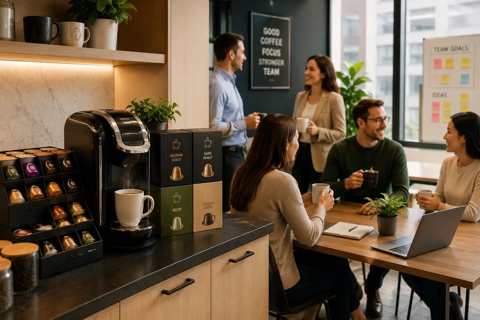 Office coffee pods in shared workplace kitchen with employees and coffee cups