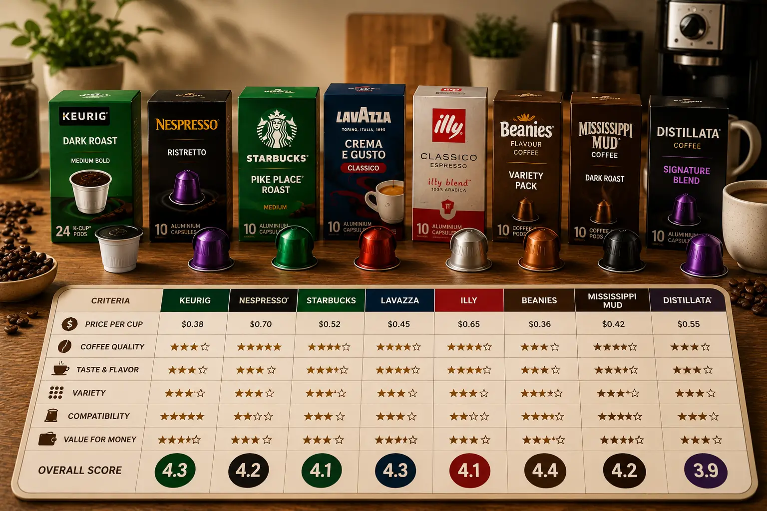 Popular coffee pod brands displayed for overall comparison
