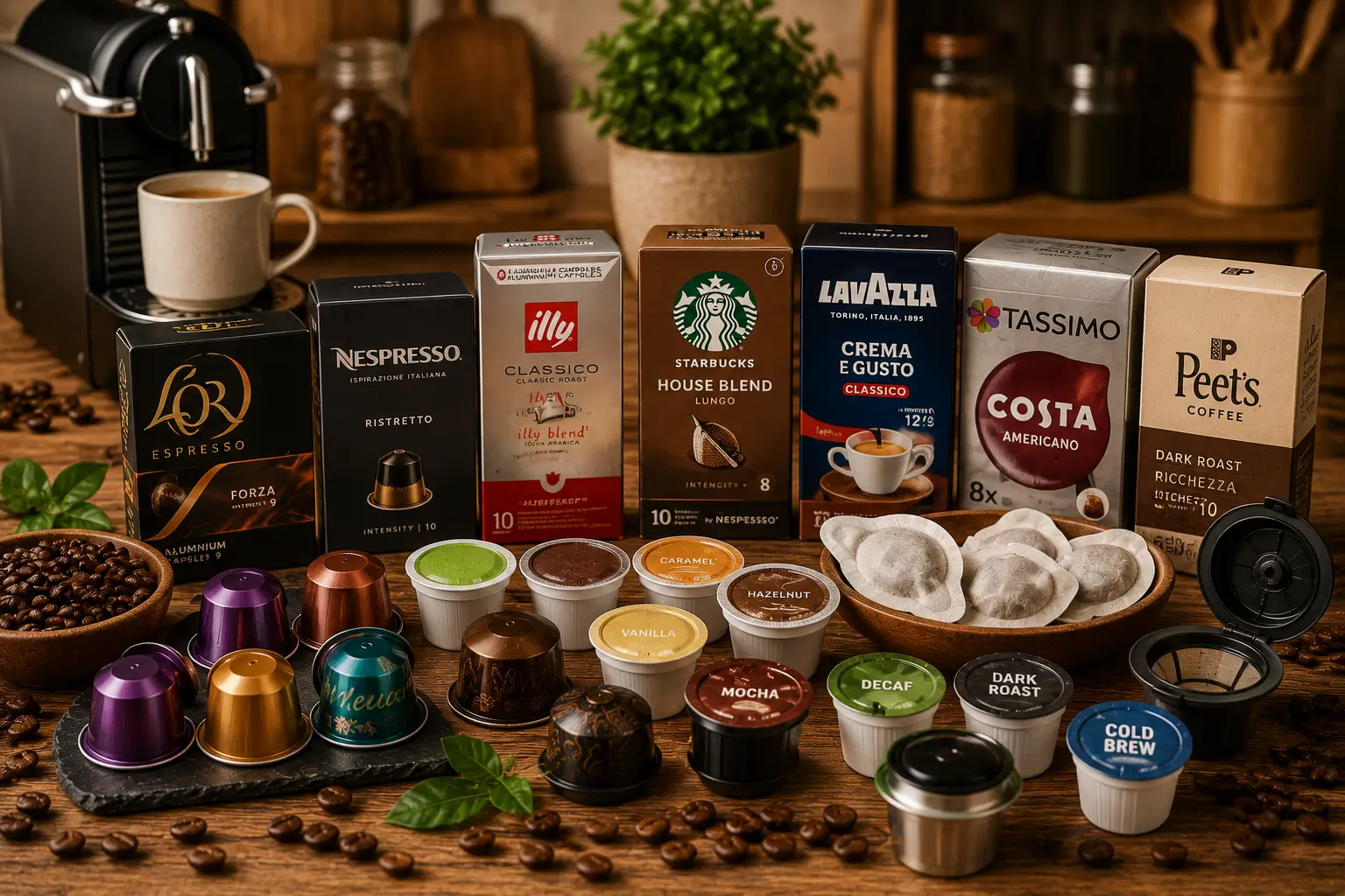 Premium and budget coffee pod varieties with espresso seasonal and everyday roasts