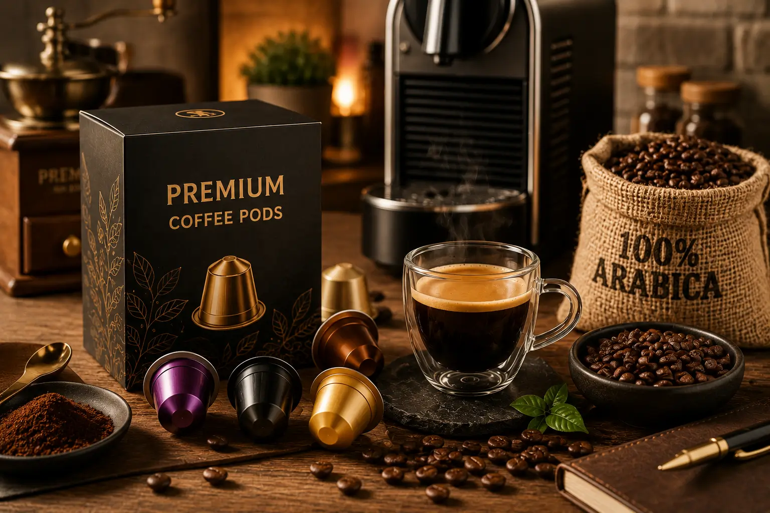 Premium coffee pods with specialty beans and espresso cup