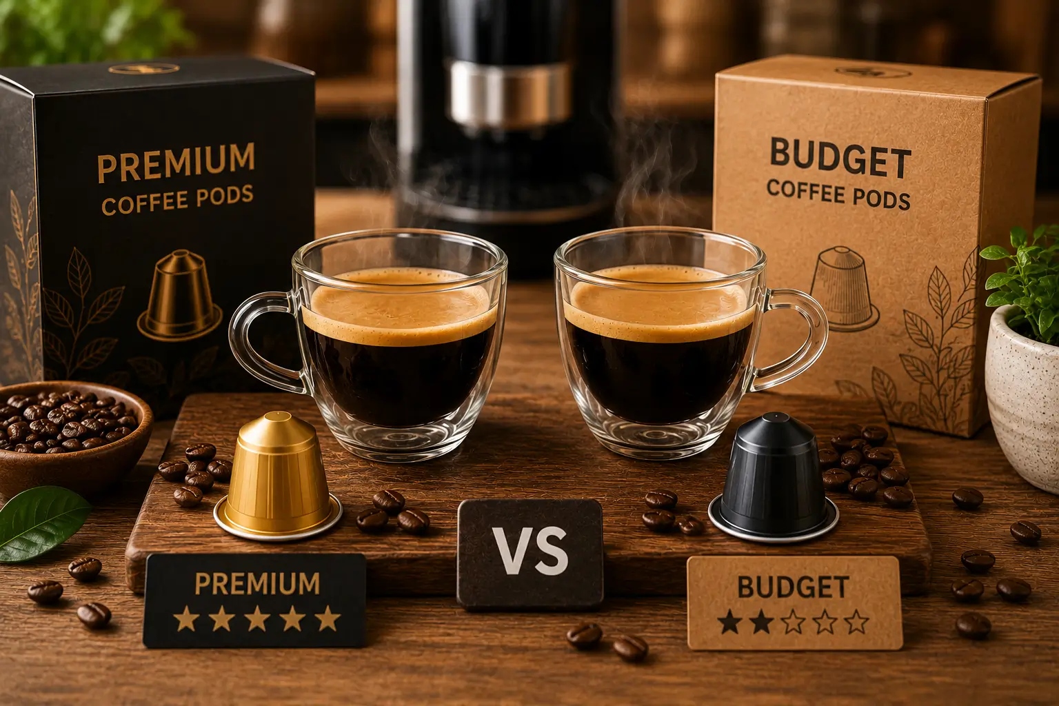 Premium vs budget coffee pods taste comparison with two coffee cups