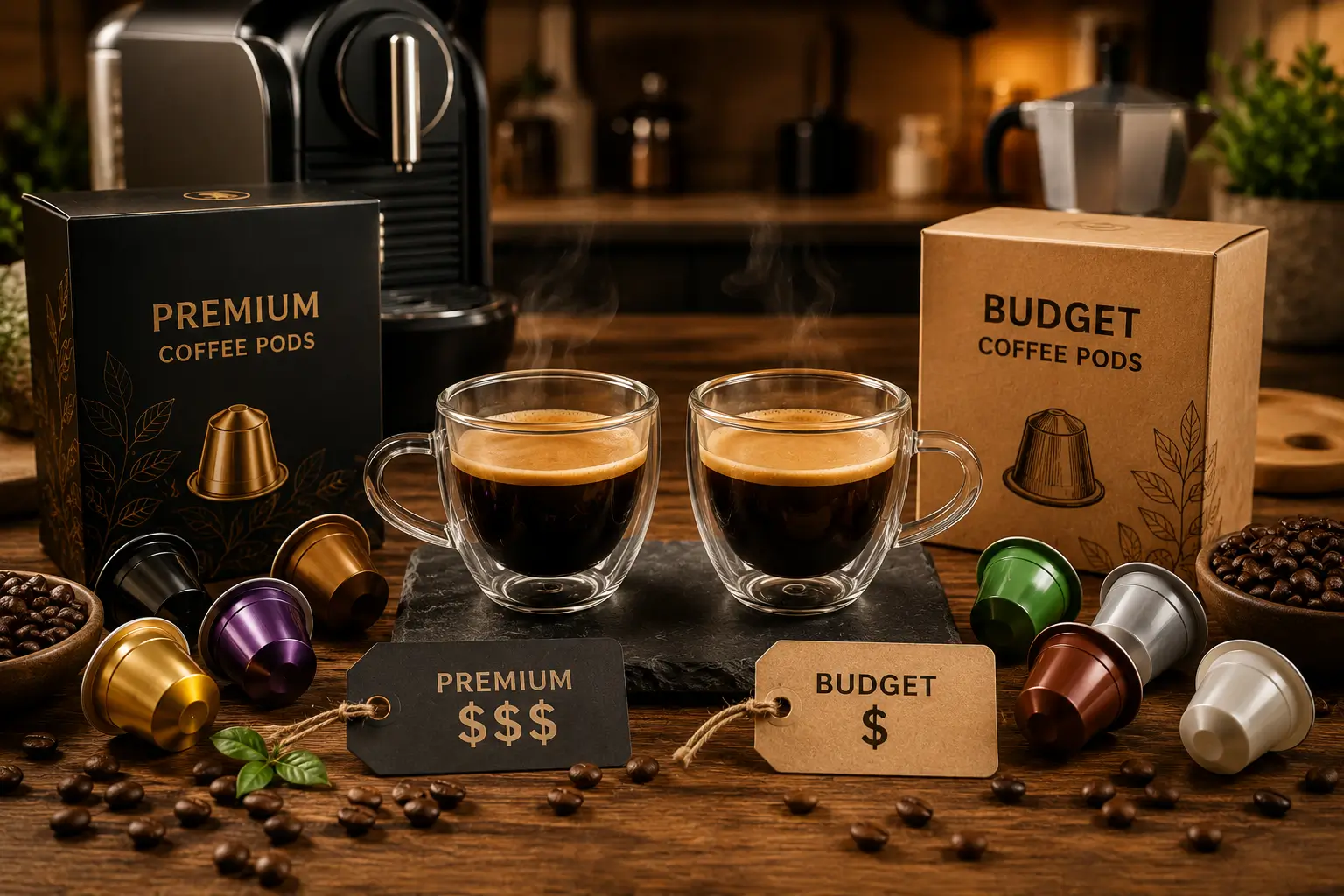 Premium vs budget coffee pods with two coffee cups and price tags