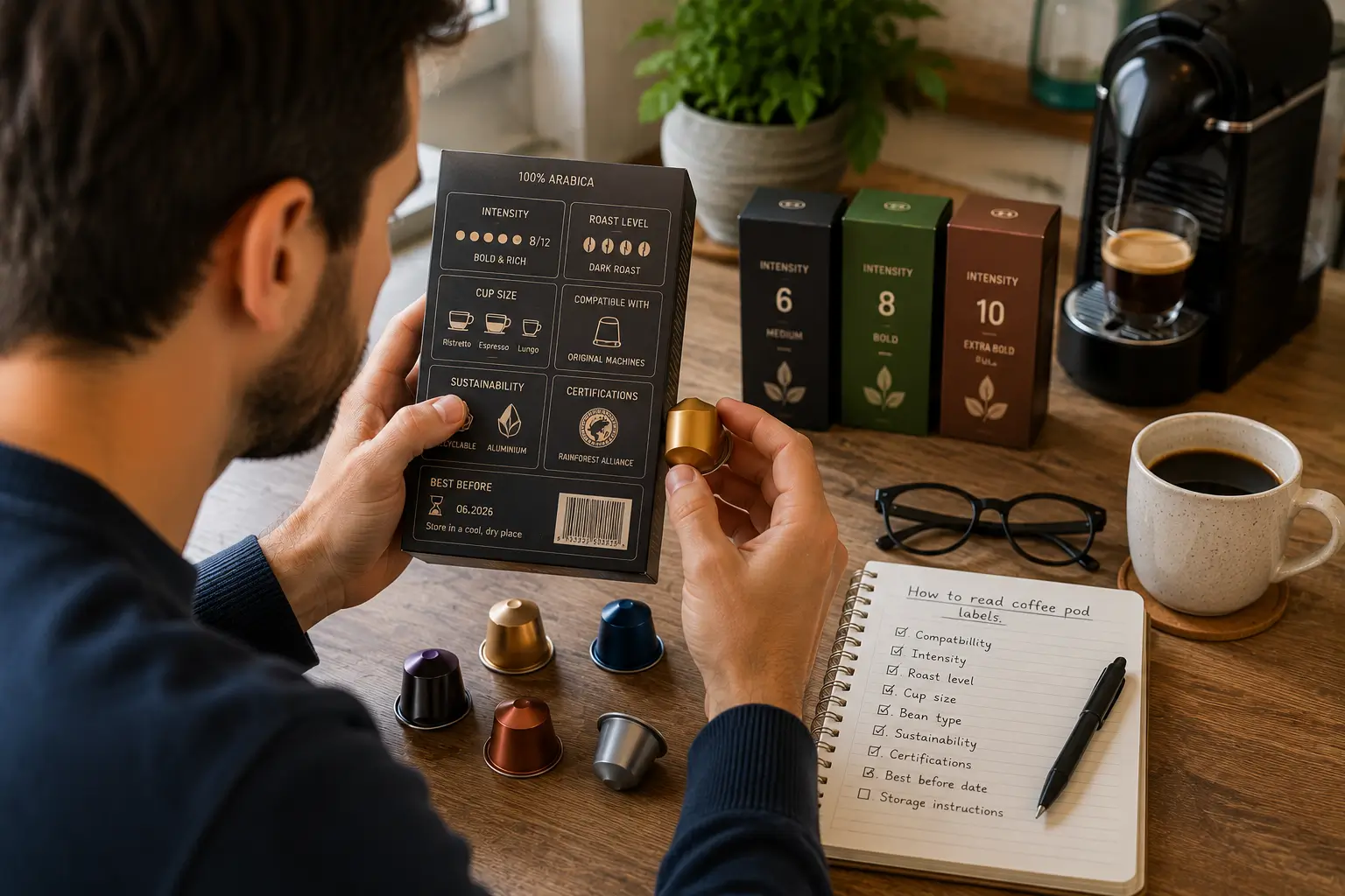 How to Read a Coffee Pod Box Reading a coffee pod box step by step with compatibility roast intensity cup size and freshness