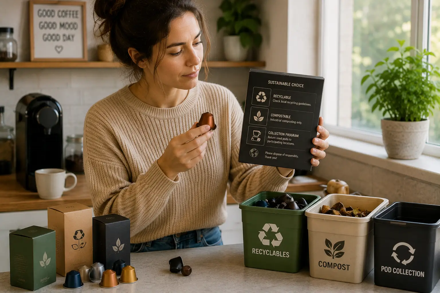 Coffee Pod Sustainability Symbols Recyclable compostable and sustainability symbols on coffee pod packaging