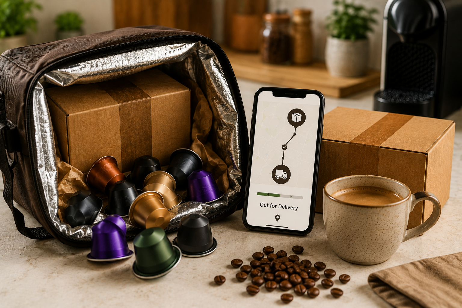 Same-day and next-day coffee pod delivery with delivery bag and coffee pods