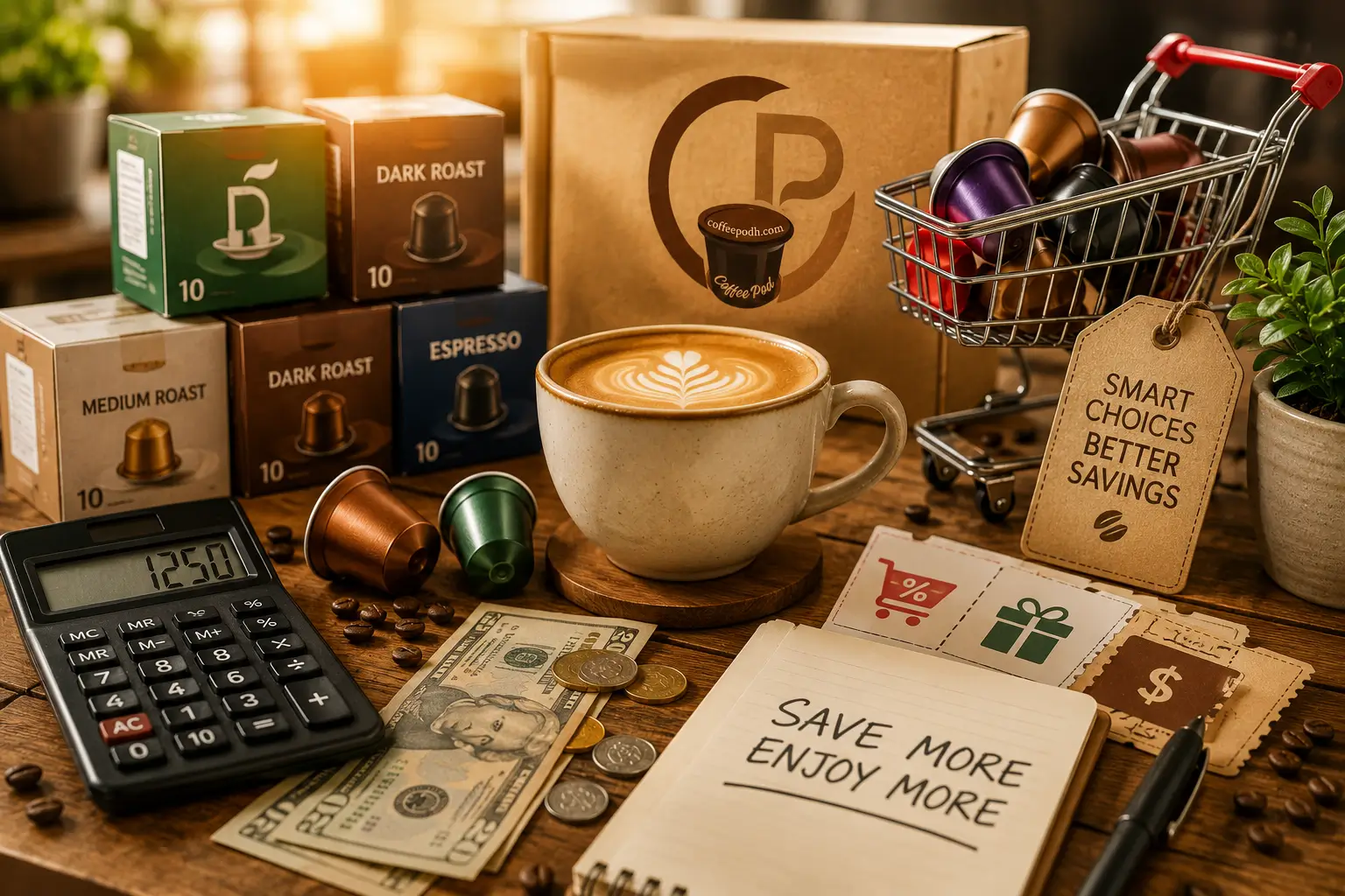 How to Save Money When Buying Coffee Pods Save money buying coffee pods with coupons calculator coffee pods and coffee cup