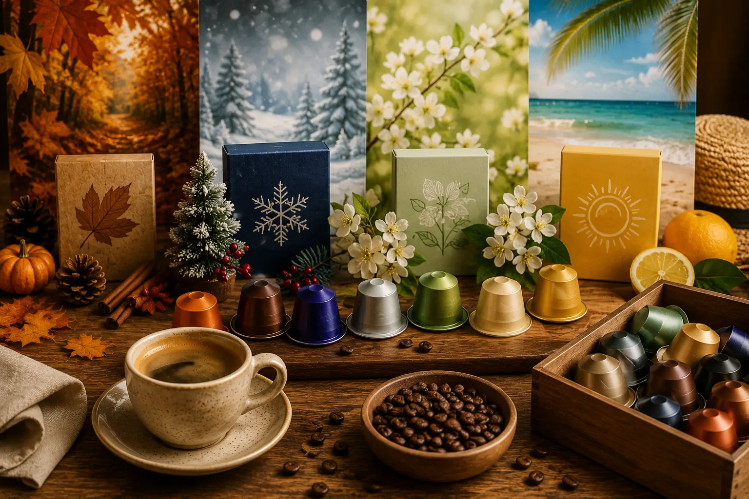 Seasonal Coffee Pod Releases Seasonal coffee pod releases with autumn winter spring and summer flavors