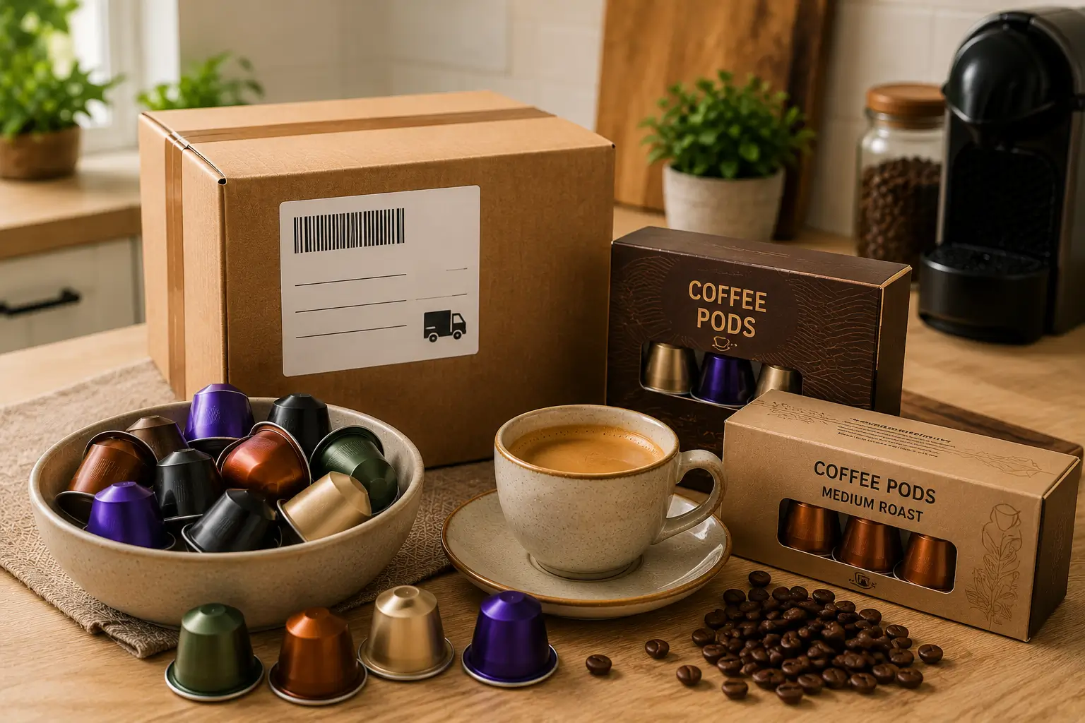 Standard shipping coffee pods with delivery box and coffee pods