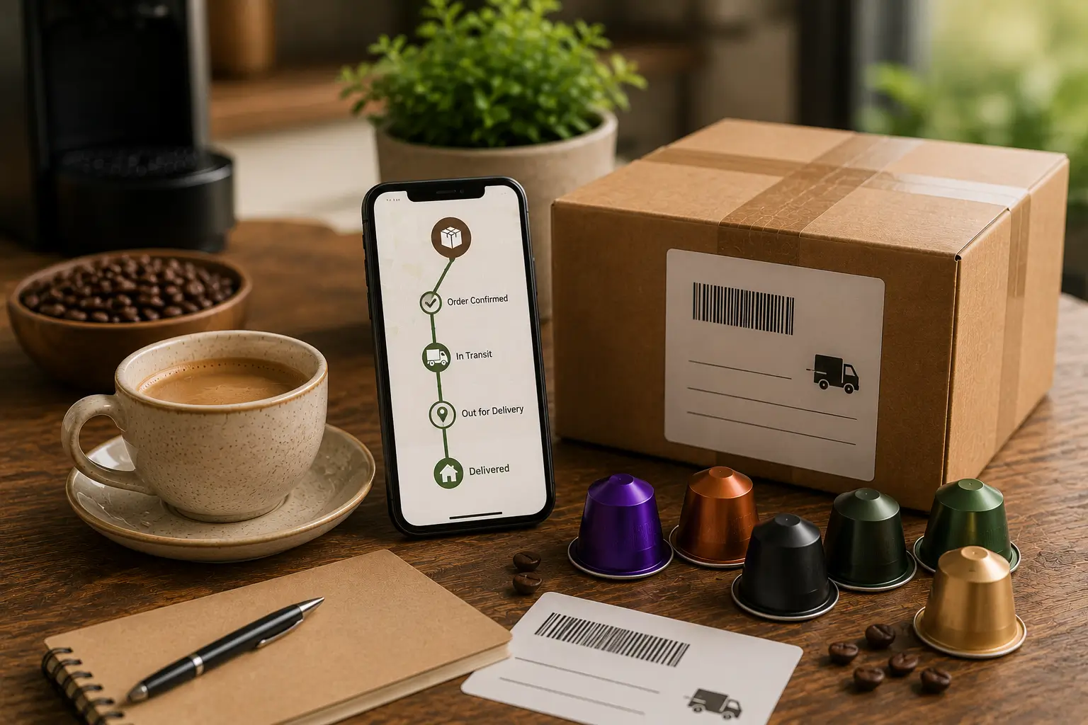 Tracking a coffee pod delivery order on phone with delivery box