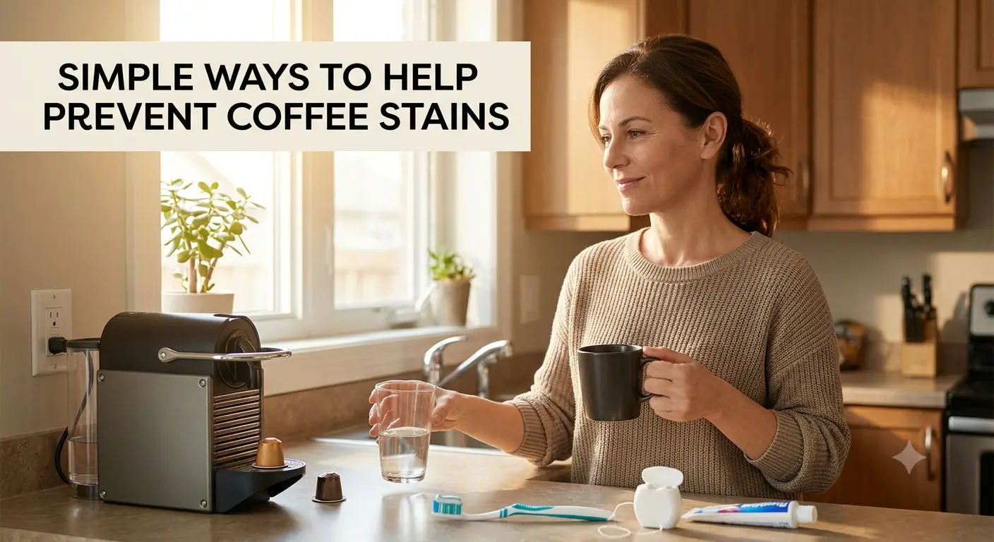 Simple Ways to Prevent Coffee Stains Water toothbrush floss and coffee for preventing tooth stains