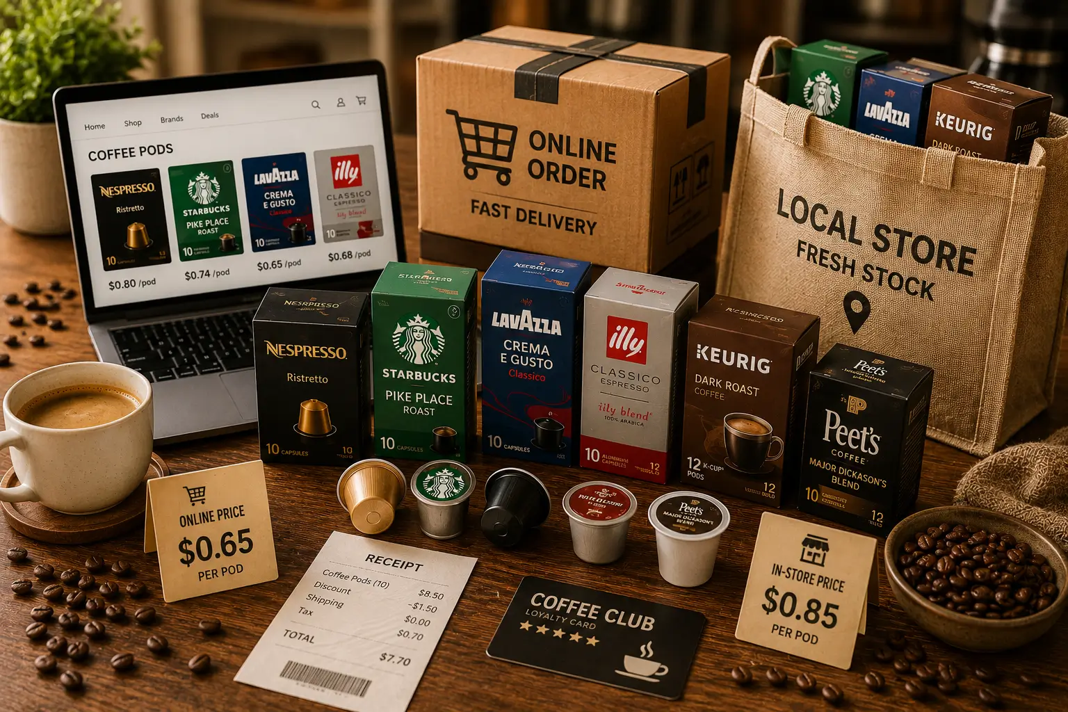 Why the store you buy coffee pods from matters with price tags and delivery box