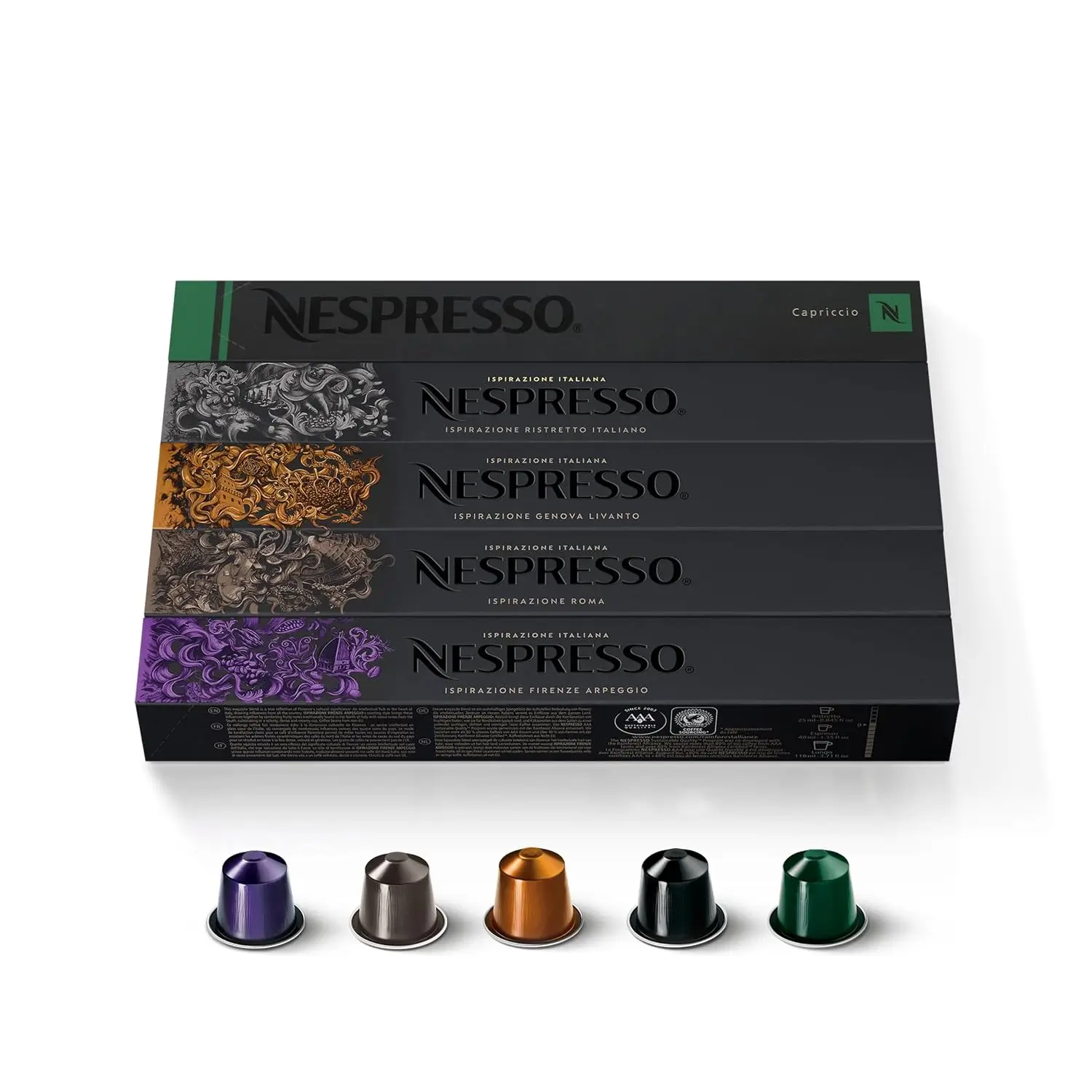 Nespresso OriginalLine Variety Pack boxes with five capsule varieties