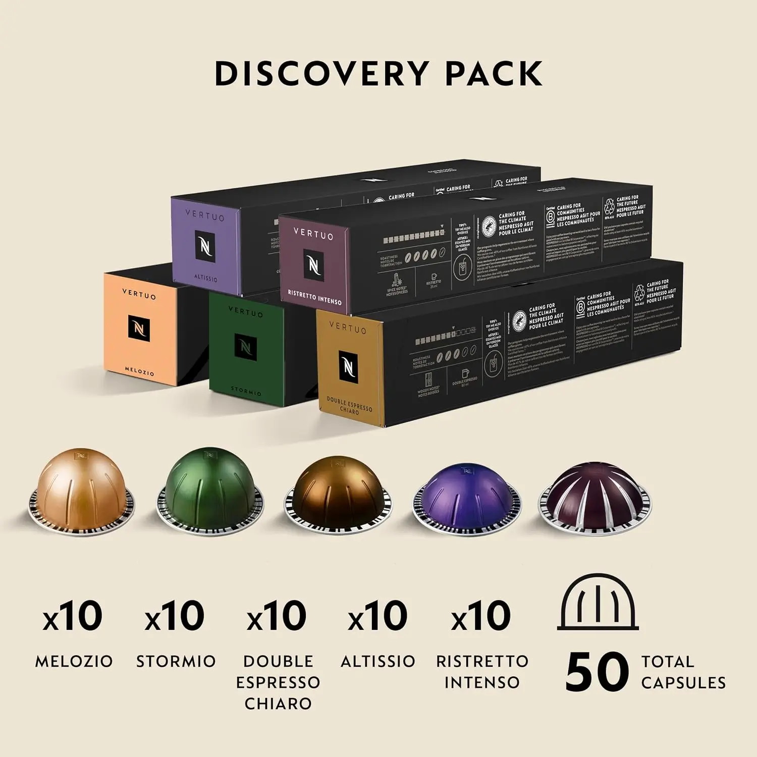 Nespresso Vertuo Discovery Pack boxes and five capsule varieties