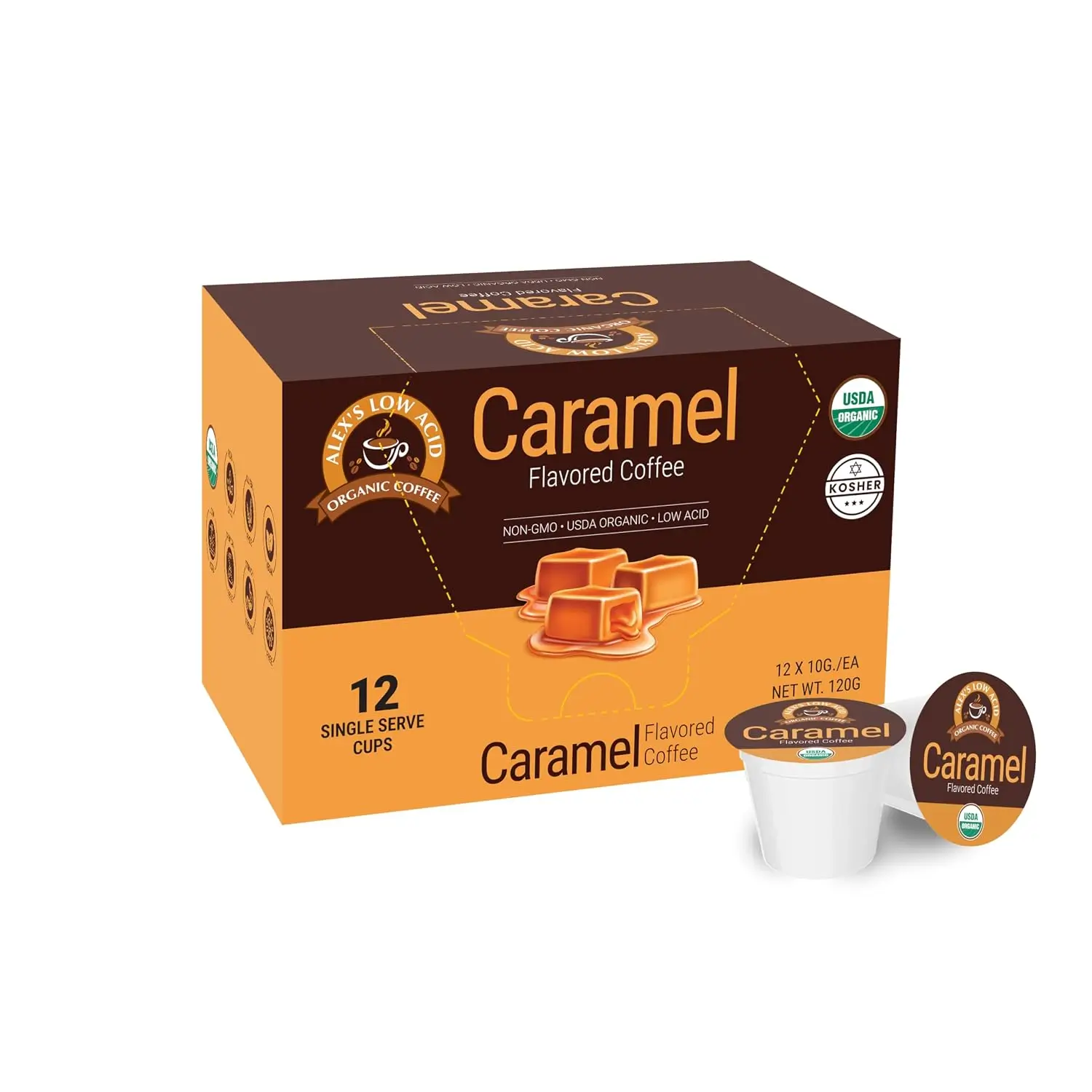 Alex’s Low-Acid Organic Coffee Caramel 12-count single-serve cups
