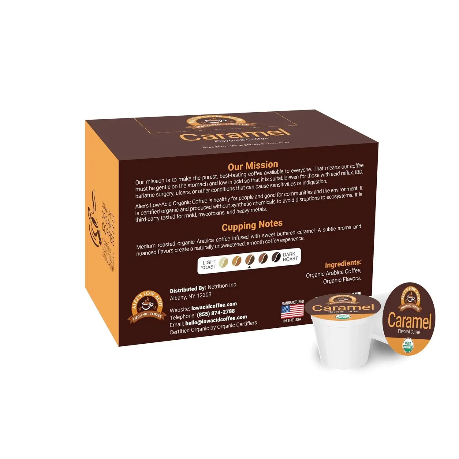 Alex’s Low-Acid Organic Coffee Caramel product details