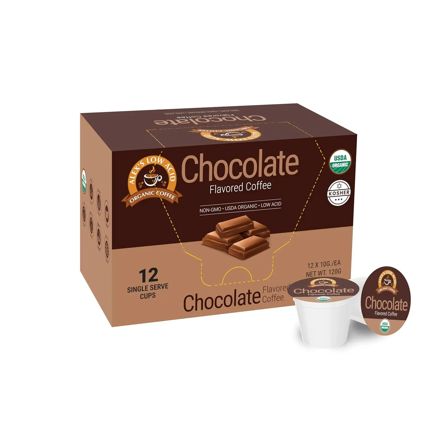 Alex’s Low-Acid Organic Coffee Chocolate 12-count single-serve cups