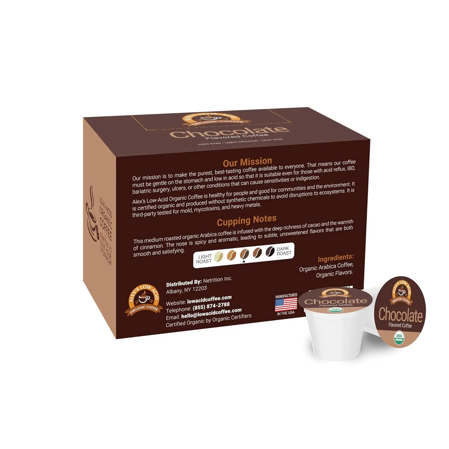 Alex’s Low-Acid Organic Coffee Chocolate product details