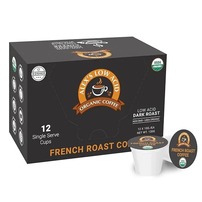 Alex’s Low-Acid Organic Coffee French Roast 12-count single serve cups