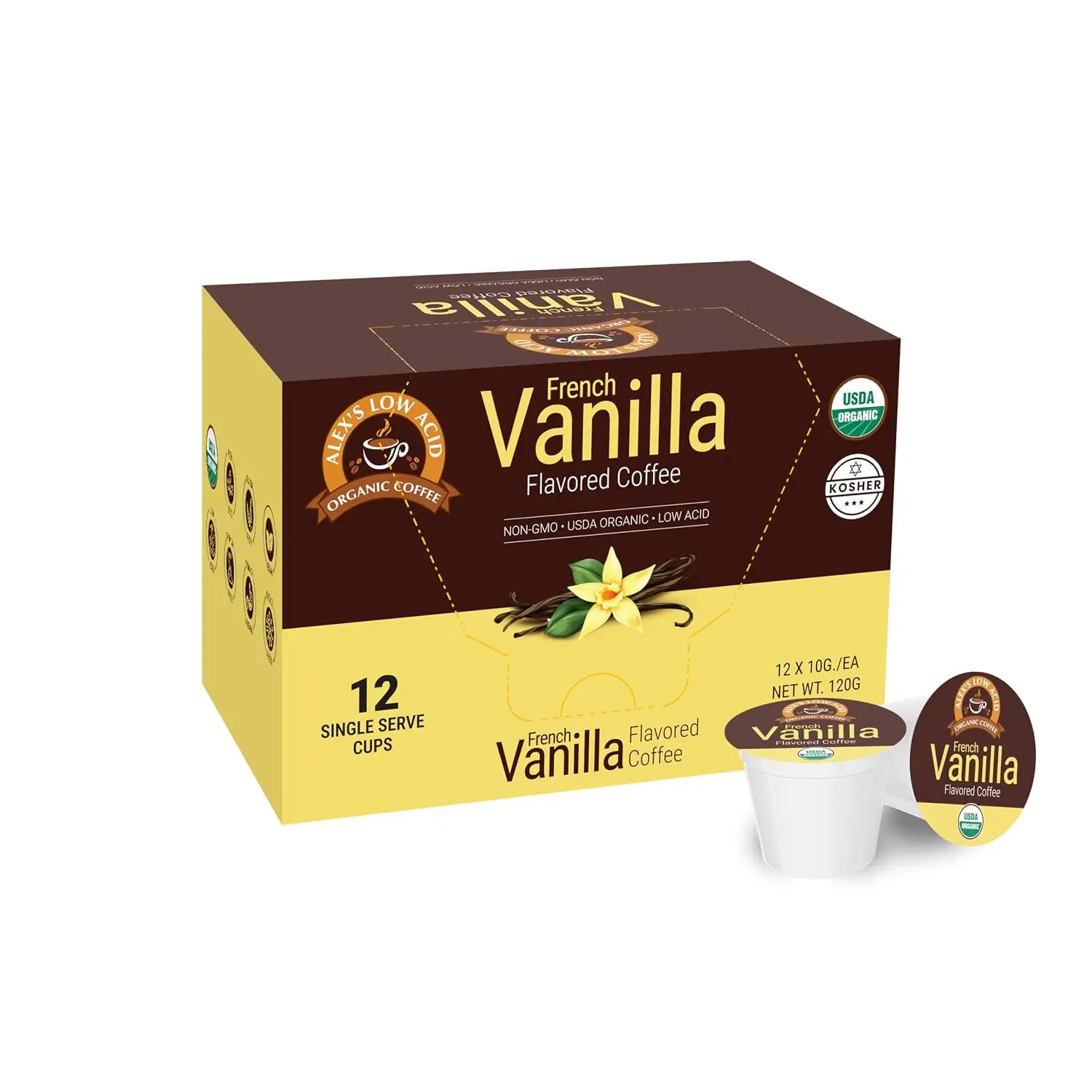 Alex’s Low-Acid Organic Coffee French Vanilla 12-count single-serve cups