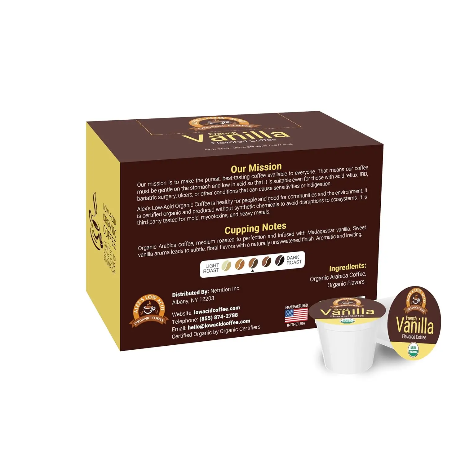 Alex’s Low-Acid Organic Coffee French Vanilla product details