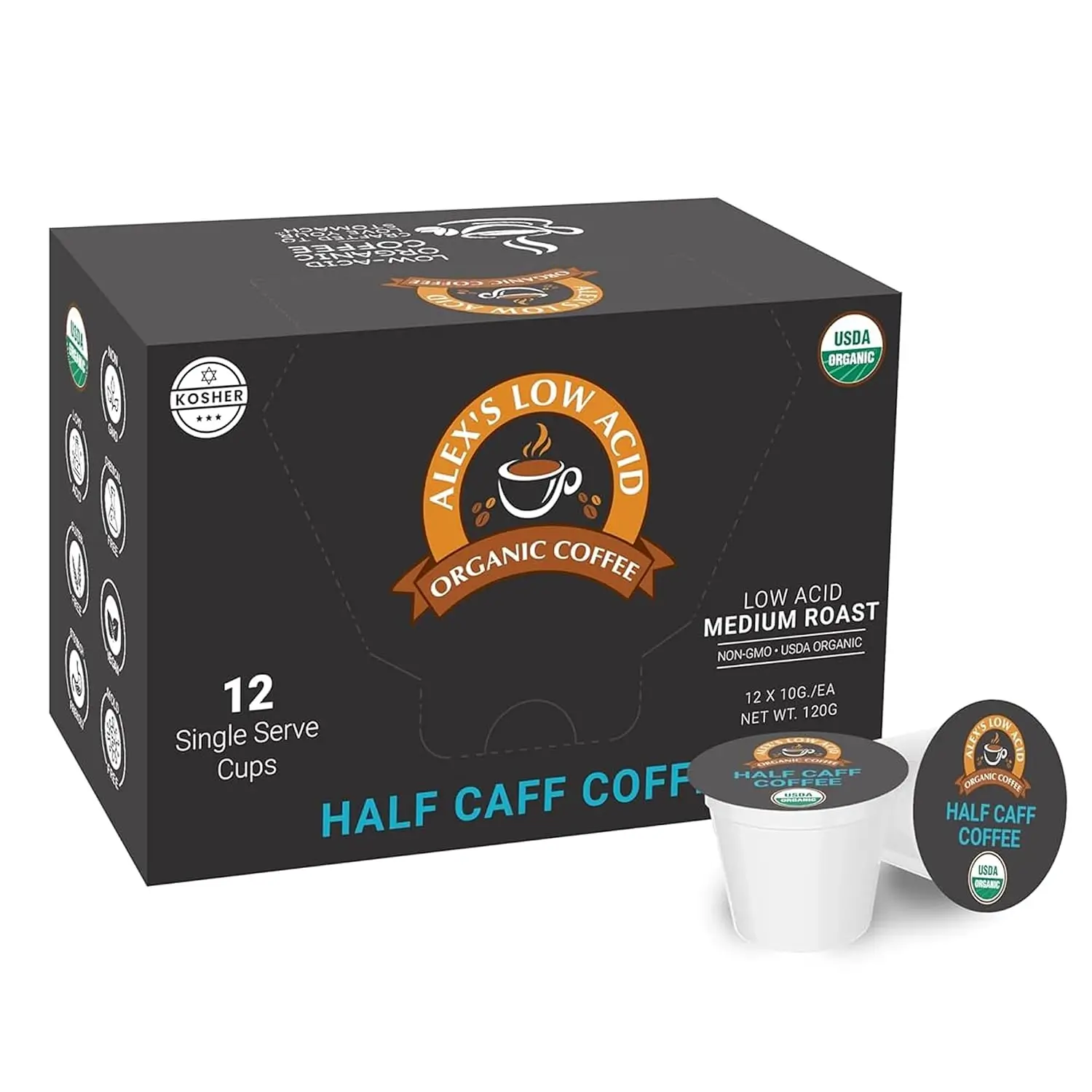 Alex’s Low-Acid Organic Coffee Half Caff 12-count single serve cups