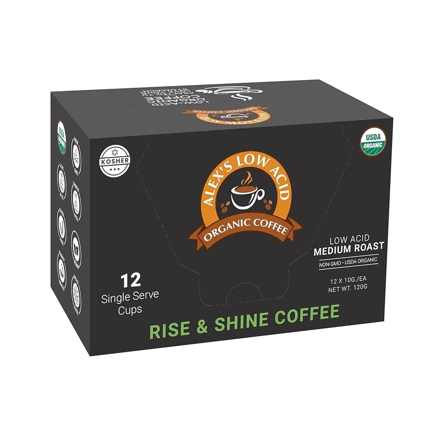 Alex’s Low-Acid Organic Coffee Rise and Shine 12-count single serve cups