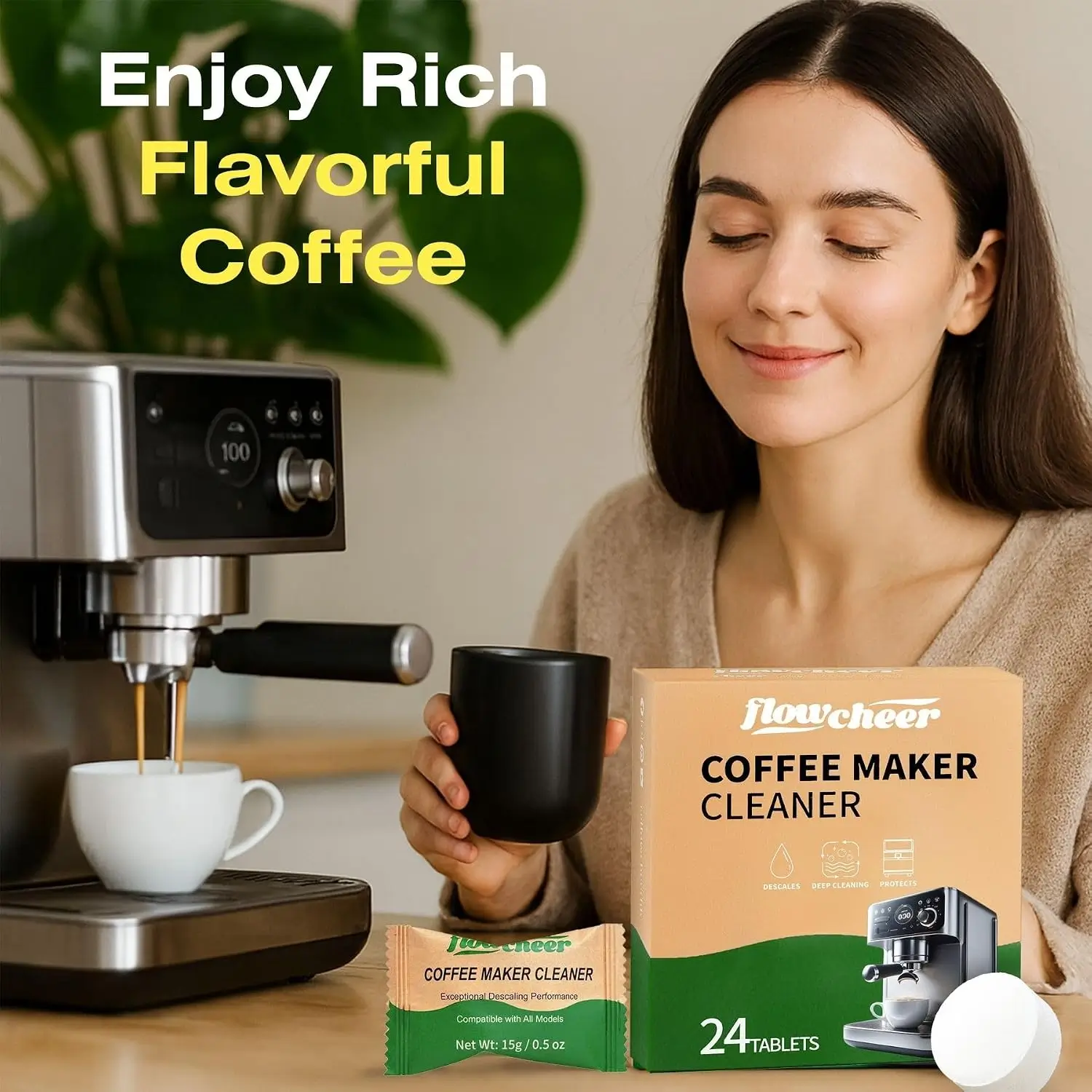 Flowcheer 24-count cleaner tablets beside a coffee machine