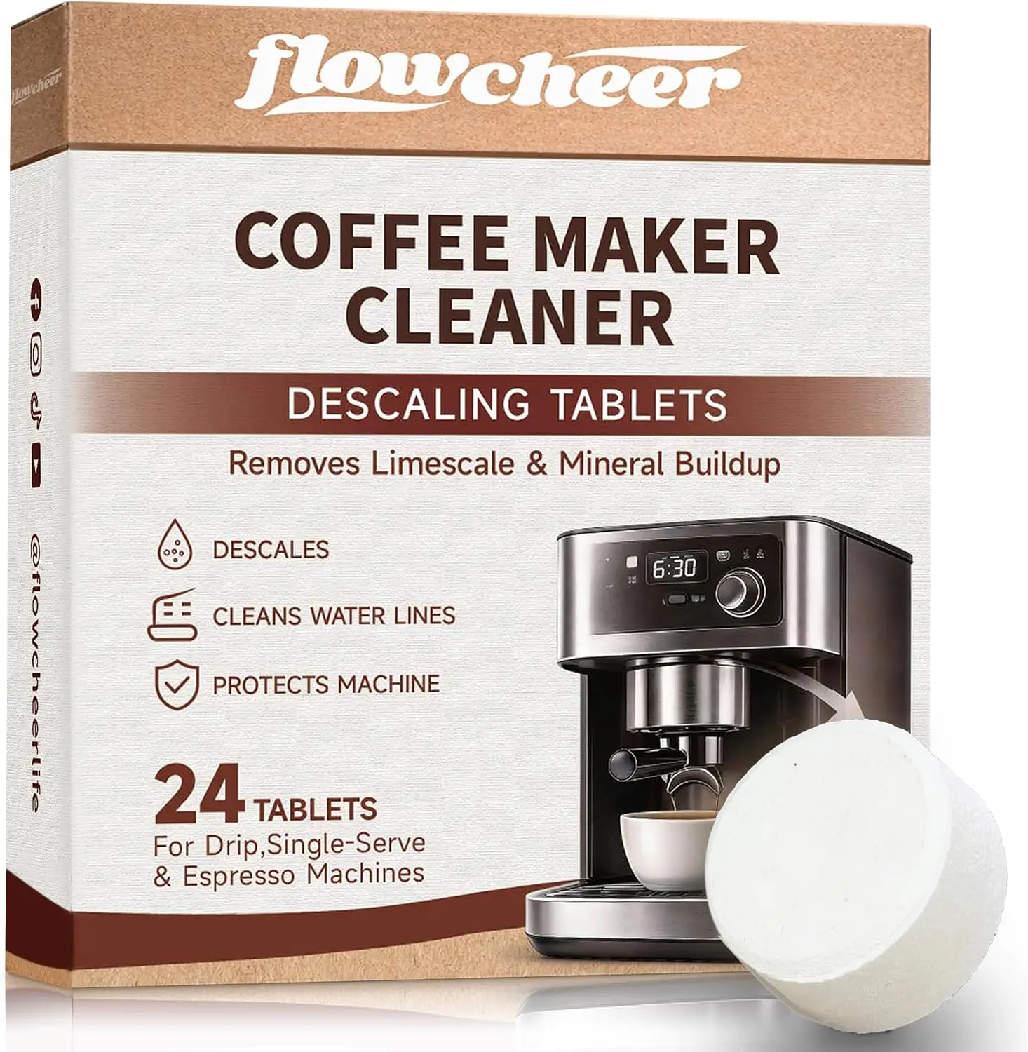 Flowcheer Coffee Maker Cleaner and Descaler Tablets 24-count product box