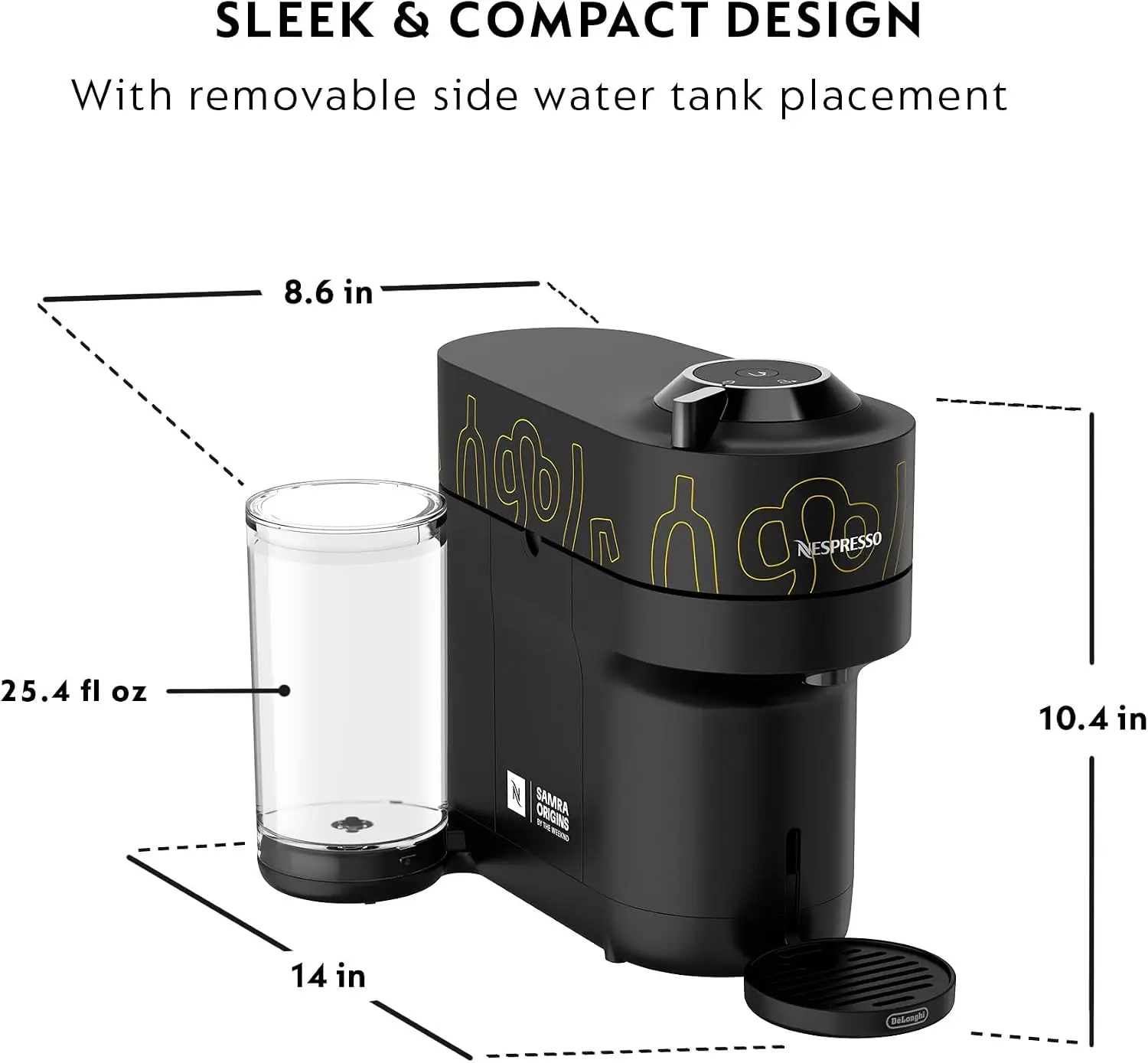 Nespresso Vertuo Pop Plus machine dimensions and water tank