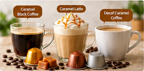 Caramel black coffee, caramel latte, and decaf caramel coffee shown side by side