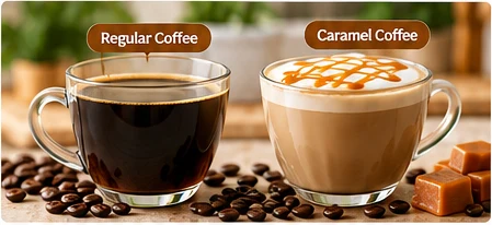 Regular black coffee compared with caramel flavored coffee