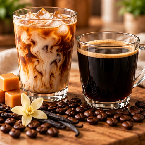 Hot and Iced Flavored Coffee Iced flavored coffee beside traditional hot black coffee with coffee beans