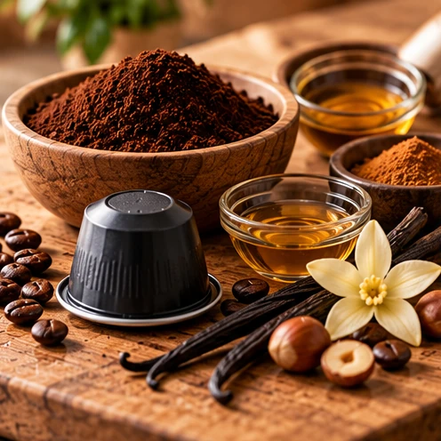 How Flavored Coffee Gets Its Flavor Ground coffee with vanilla, hazelnut, flavor extract and coffee pod ingredients