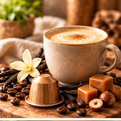 Flavored Coffee Example Flavored coffee with a coffee pod, vanilla, caramel and hazelnut ingredients