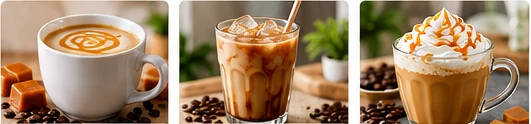 Hot caramel coffee, iced caramel coffee, and caramel latte serving ideas