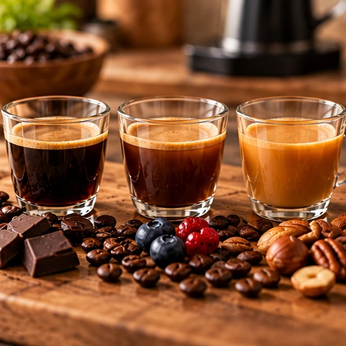 Natural Coffee Tasting Notes Coffee cups with chocolate fruit and nuts representing natural coffee tasting notes