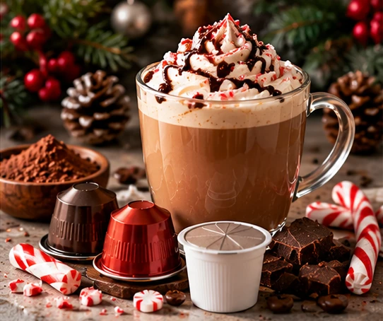 Peppermint mocha holiday coffee with candy cane chocolate and coffee pods