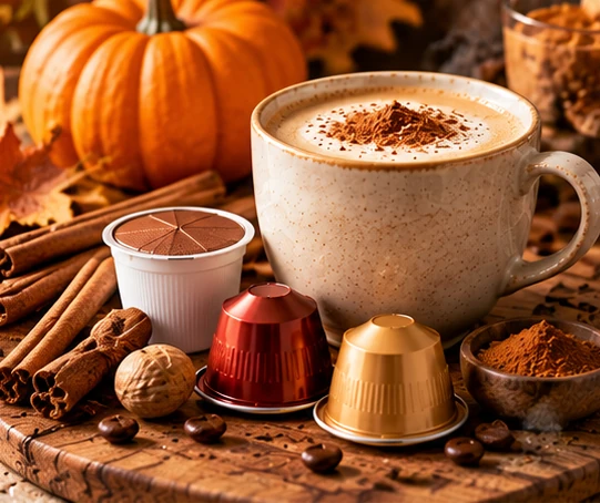 Pumpkin spice coffee with cinnamon nutmeg pumpkin and coffee pods