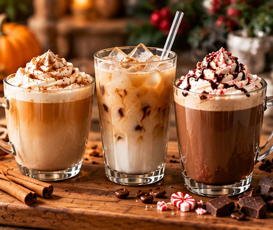 Hot seasonal latte iced flavored coffee and peppermint mocha drinks
